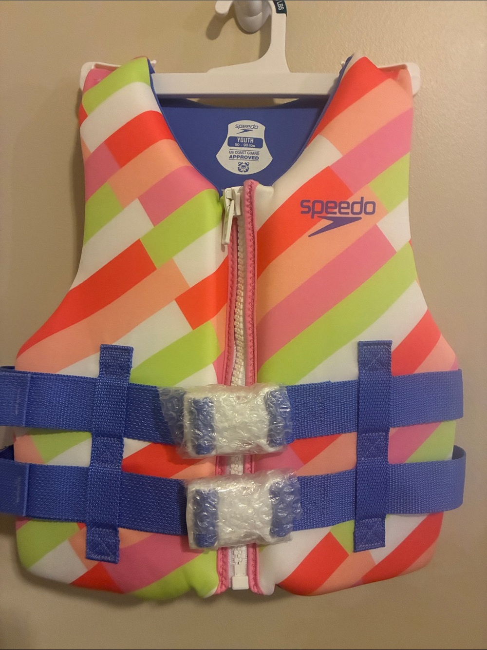 Speedo Kids Neon Stripe Front-Zip Swim Vest with Blue Straps